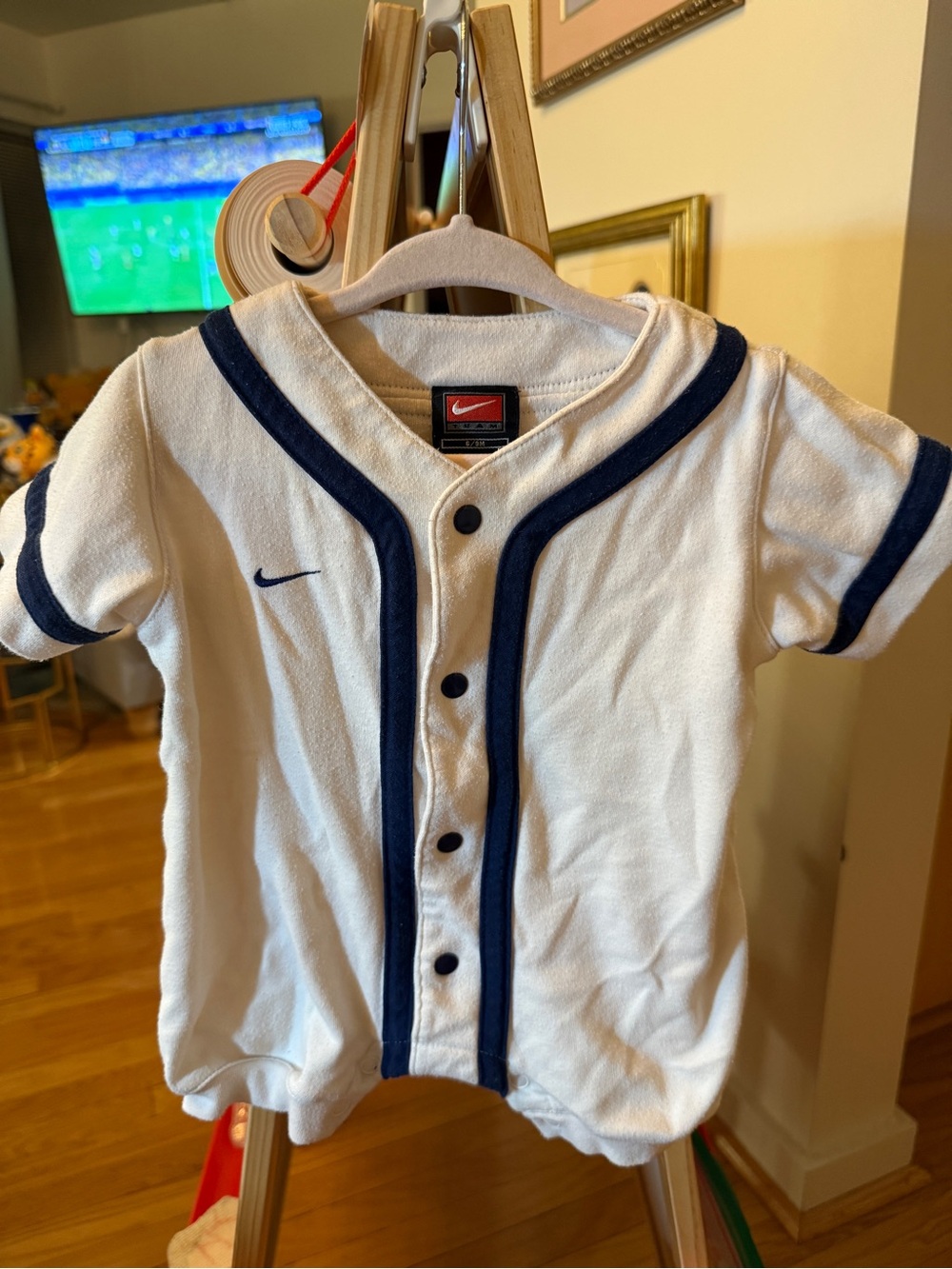 Vintage Nike Team Baby Baseball Jersey Romper White Navy Snap Front 6-9M